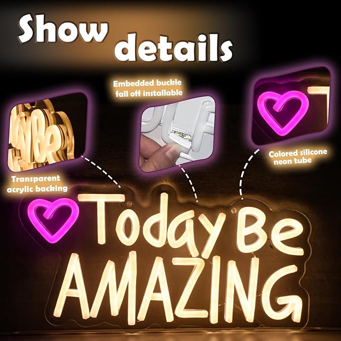 Today Be Amazing neon sign, suitable for classroom wall decoration, back-to-school season, graduation season, student gifts. Dimmable, USB powered, pink heart-shaped inspirational neon light.