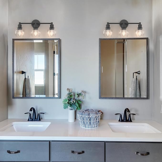 3 Lights Bathroom Vanity Light Fixtures Black, Bathroom Lights Over Mirror, Industrial and Farmhouse 3 Lights Wall Sconce, Matte Black Globe Vanity Lighting Fixtures