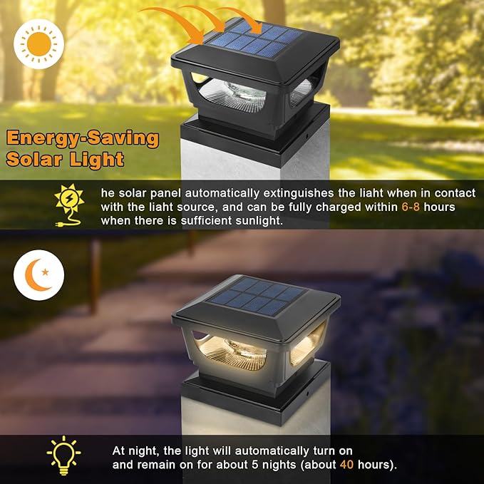 Sumaote Solar Post Cap Lights, 120 Lumen 3000K Warm White LED for 3x3 Metal/Vinyl & 4x4 Wood Posts, IP65 Waterproof Outdoor Garden Fence Deck Lighting, Dusk-to-Dawn Auto On/Off (2 Pack)