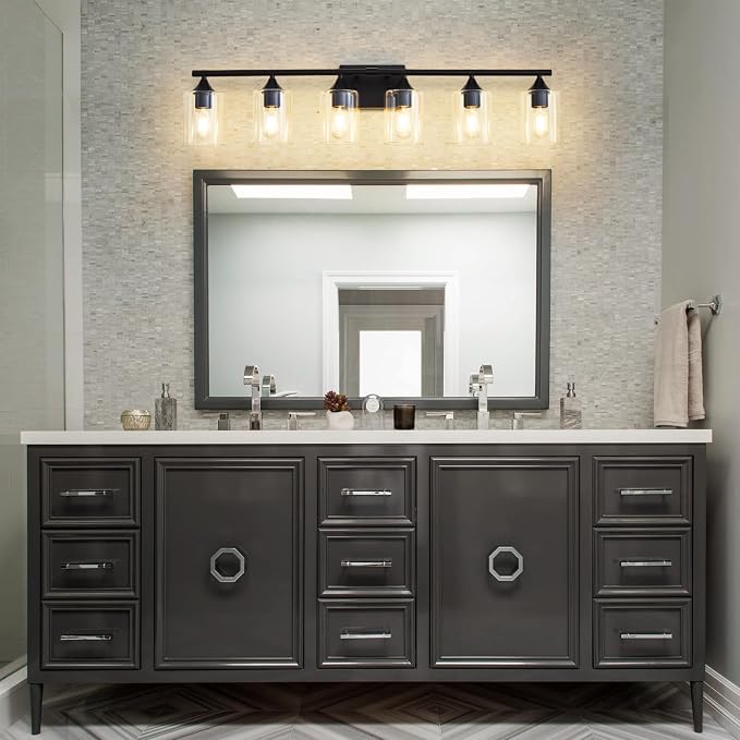 6-Light Matte Black Bathroom Light Fixtures, Over Mirror with Clear Glass Shade, Wall Light Sconce for Vanity Table, Hallway