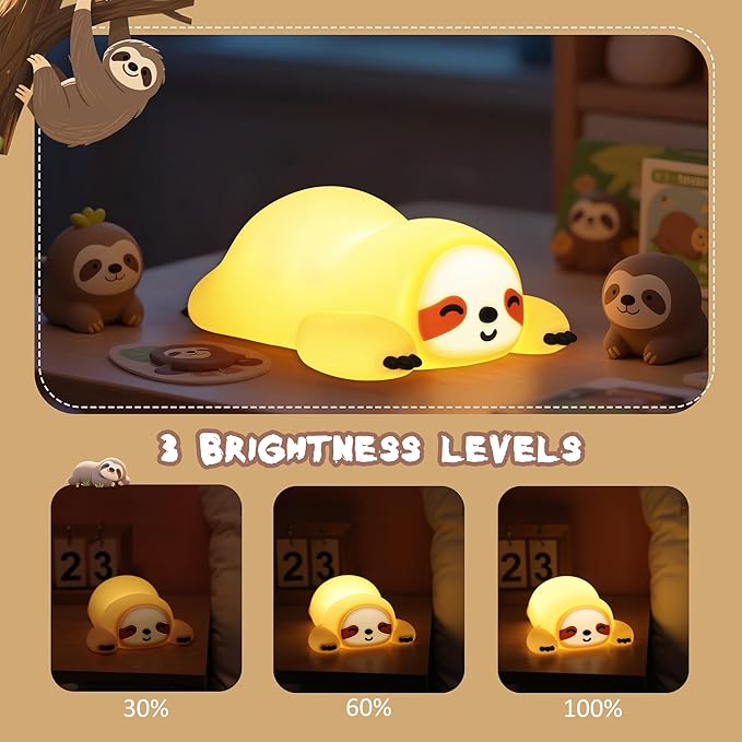 Sloth Gifts, Cute Animal Silicone Night Light with USB Rechargeable, Touch Control & Timer, Suitable for Breastfeeding Reading Working Sleep for Baby Kids Teens Adults