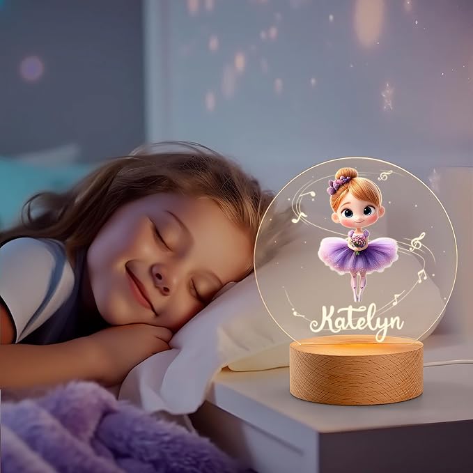 Personalized Ballet Night Light - Custom Name, Cute Acrylic Ballerina LED Light Lamp with Wooden Base for Bedroom Decor, Gifts for Kids Girls