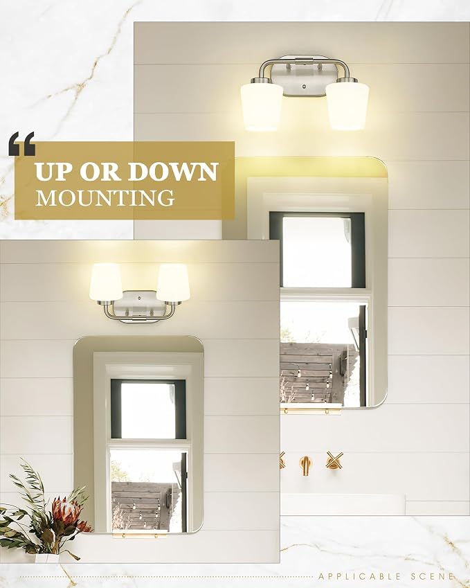 2-Light Bathroom Light Fixtures Over Mirror, Brushed Nickel | Vanity Lighting Fixtures with Milk White Glass, Vintage Farmhouse Wall Sconces Lighting, AD-22004-2W-SN