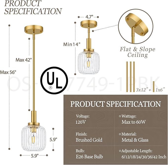 Brushed Gold Pendant Lights Kitchen Island 2 Pack, 5.9" Modern Glass Pendant Light with Clear Glass and Rods, Mini Hanging Lighting for Kitchen Sink Bathroom Bedroom, OS-YQ7749-2PBG
