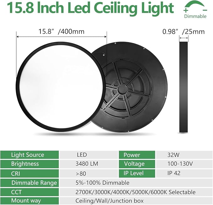 6PK 15.8Inch Dimmable Black LED Flush Mount Ceiling Light,32W,3480LM,5CCT | 2700K/3000K/4000K/5000K/6000K CCT, Black Close to Ceiling Round Flat Panel Light, Super Slim LED Ceiling Light for Bedroom