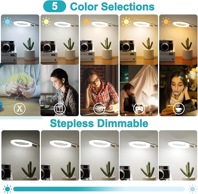 10X Magnifying Glass with Light and Clamp, 5 Color Modes Stepless Dimmable Lighted Magnifier with Stand, Flexible Gooseneck LED Desk Lamp Hands Free for Craft Painting Hobby Close Work