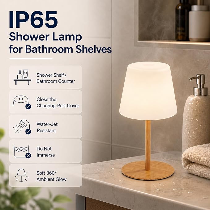 Rechargeable Table Lamp, Cordless Shower Lamp for Bathroom, IP65 Wood Grain | Bathroom To Bedside Glow, Touch-Dim Comfort, 4000mAh USB-C Ease, 12-24H Light, 3 Light Moods, 2-Height Fit