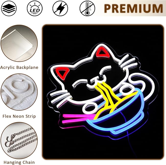 Fortune Cat Ramen Neon Sign for Wall Decor, Japanese Lucky Cat Led Signs for Business, USB Dimmable Cartoon Cat Neon Lights for Noodles Shop Kitchen Home Pub Dinning Room Restaurant Wall Art