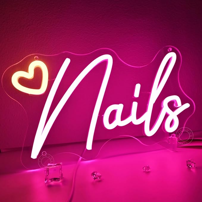 SYLHOME Led Neon Light Sign Nails With Heart Nail Studio Beauty Salon Business Makep Room Wall Sign Decor Birthday Party Backdrop 11.81" X 6.7" USB