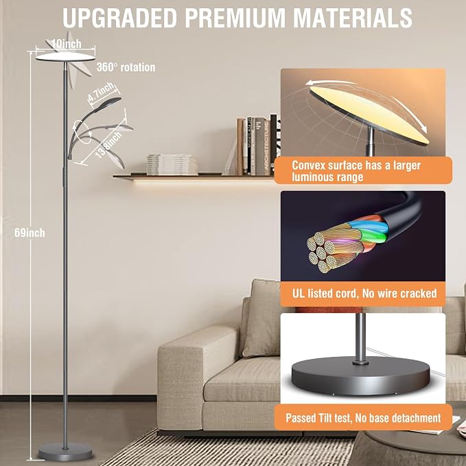 marctronic Gray Floor Lamps for Living Room, 44W/4500LM Super Bright 2 in 1 LED Floor Lamp with Remote, Stepless Dimmable, 69" Tall Standing Floor Lamp with Bendable Reading Light for Bedroom Office