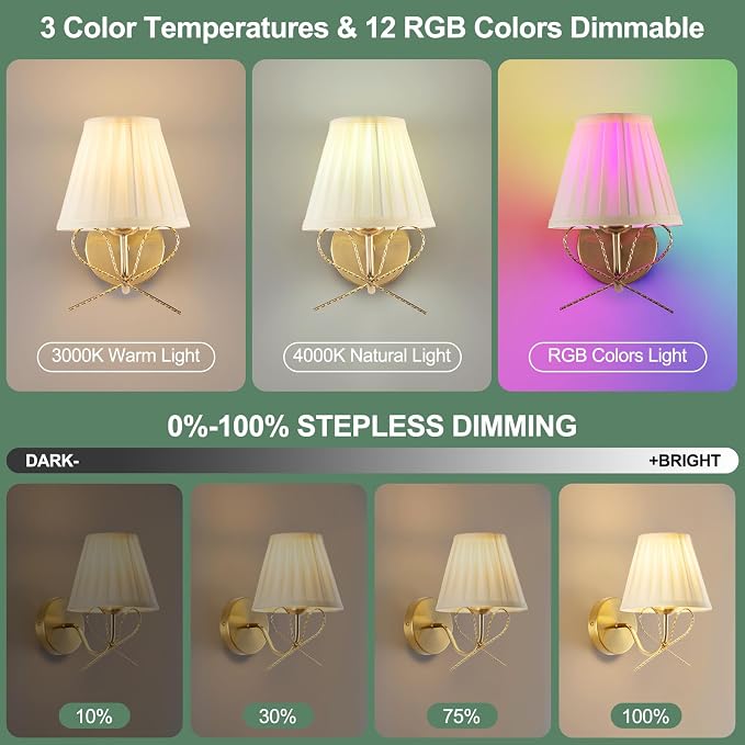 Cordless Battery Operated Wall Sconces Set of Two, Vintage Gold Sconces Wall Decor, Rechargeable Dimmable LED Lights with 15 Colors, Bow Wireless Wall Lamp for Bedroom Living Room Hallway