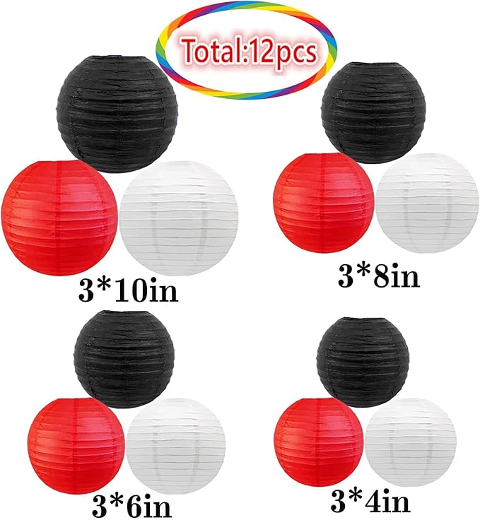 Black Red and White Paper Lanterns 12Pcs Hanging Round Paper Lanterns Decorative for Graduation Baby Shower Wedding Birthday Family Parties ﻿