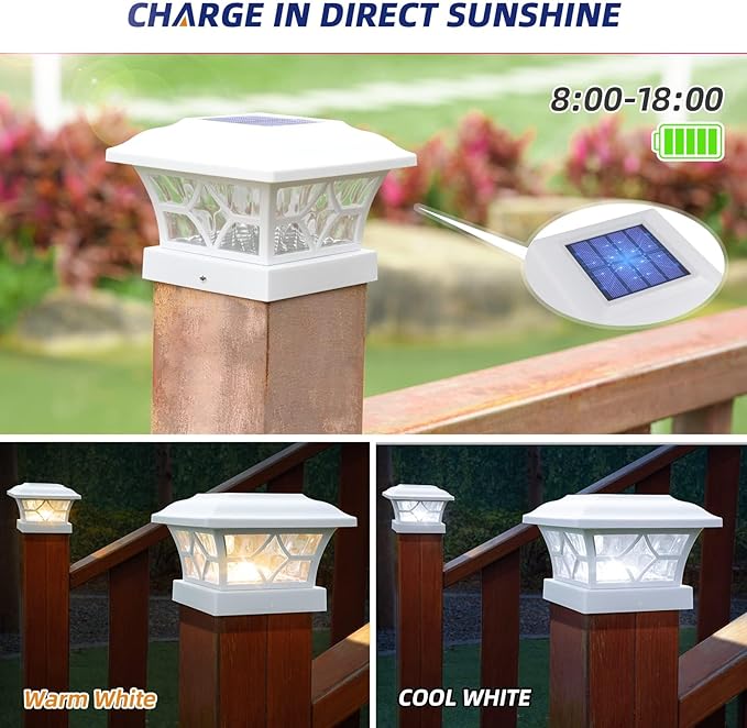 APONUO Solar Post Cap Lights 16 Pack with 1000mAh Battery - for 4x4 5x5 6x6 Fences, Larger Size & Longer Lasting, 2-Mode, IP64 Waterproof, for Deck Patio Yard (White)