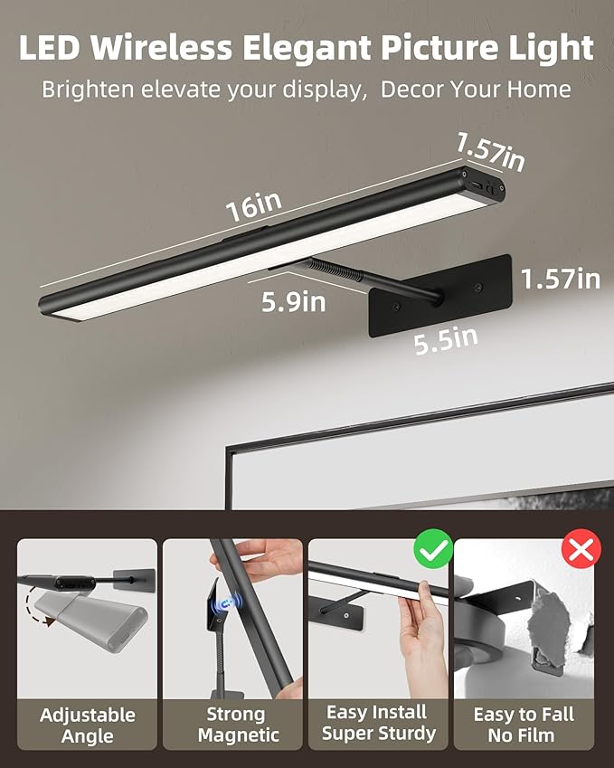 EZVALO Picture Light for Wall, 4800mAh Rechargeable Wireless Black Lights for Painting, 16In Dimmable Magnetic LED RGB Art Display Light, Colors Temperatures, for Gallery, Living Room, Hallway