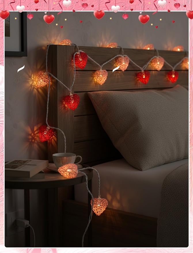 8.5ft Valentine’s Day Heart String Lights Plug in, Valentines Decoration | 10 LED Red White Shatterproof Vintage Rattan, Indoor Fairy Lights for Home Decor Wedding Outdoor Party, Warm White