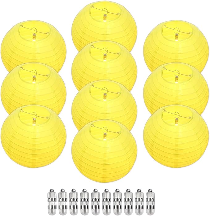 Yellow Chinese Paper Lanterns with LED Lights, 10-Pack 12inch