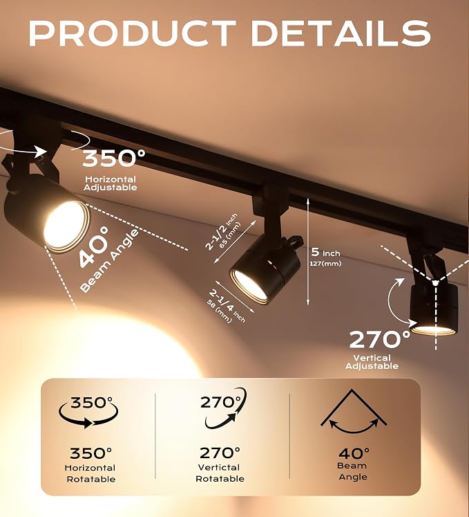CLOUDY BAY 8W Dimmable LED Track Light Head,4000K Cool White CRI90+ True Color Rendering Adjustable Tilt Angle Track Lighting Fixture,40° Angle for Accent Retail,Black Finish,Halo Type- Pack of 6