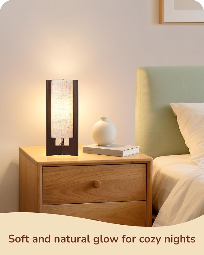 EDISHINE Wood Table Lamp, 13.5" Small Bedside Lamp, Rosewood, E26 Base | Beige Linen Shade, Cylinder Base, On-Off Line Switch, Nightstand Lamp for Bedroom, Living Room, Office