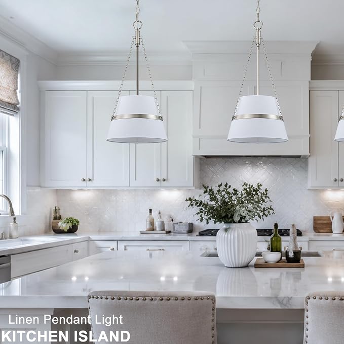 11.4" Brushed Nickel Drum Pendant Lights Kitchen Island White Fabric Shade | Modern Transitional, Cone Shape, 3 Side Chains, 1-Light, Breakfast Nook, Reading Corner, Adjustable Height 11.42"W x 23.82"H