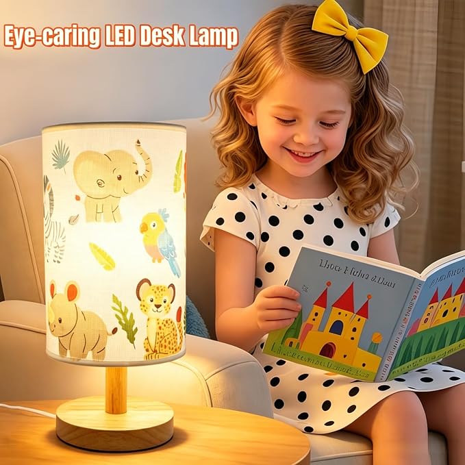 Kids Table Lamp-Night Light for Boys Room,3-Color LED Desk Lamp with Baby Elephant Zebra Giraffe Tiger Pattern Bedside Lamp Safari Animal Lampshade and Wood Base for Living Nursery Child Room Study