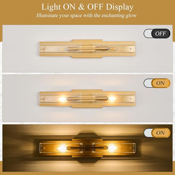 VitaLink Modern Bathroom Vanity Light Fixtures, 24-Inch Gold Modern Glass Bathroom Wall Lighting Fixtures Over Mirror Wall Mounting Lighting for Living Rooms Hallways Bedrooms