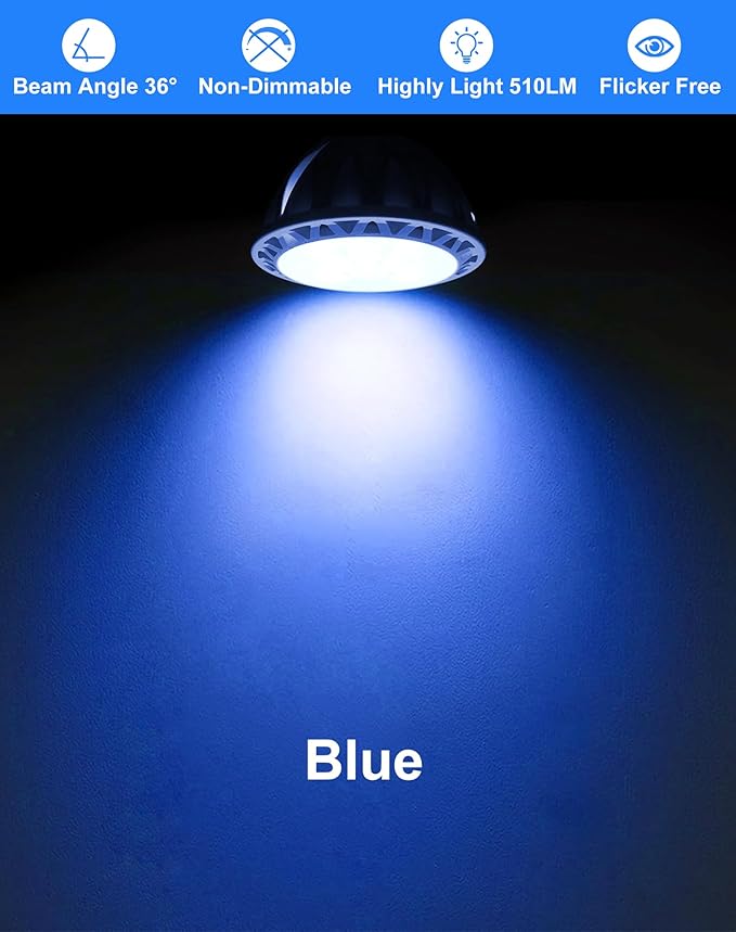 6-Pack MR16 Blue LED Bulbs-Aquatic 5W 50W Halogen GU5.3 12V 38° Spot for Water Features, Moonlight, Parties & Indoor Ambiance