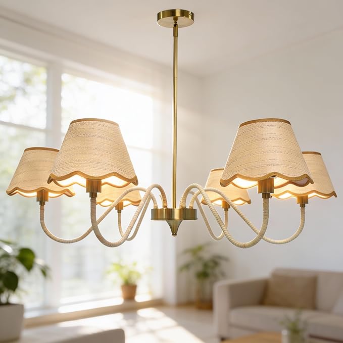 39" Boho Rattan Chandelier, 6-Light Rattan Pendant Light, Handwoven Natural Rattan, Rustic Industrial Adjustable Rattan Fixture for Dining Room, Kitchen Island & Living Room, E12 Socket