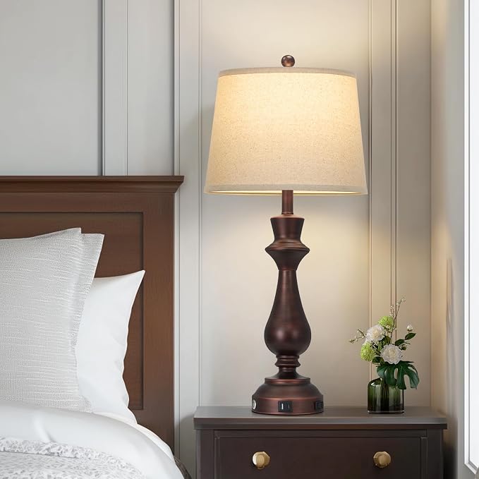 Vintage Table Lamp for Living Room,30" Tall Bedside Lamp with USB Charging Port,3-Way Dimmable Touch Nightstand Lamp for Bedroom Desk Side Table Office,Brown-1P
