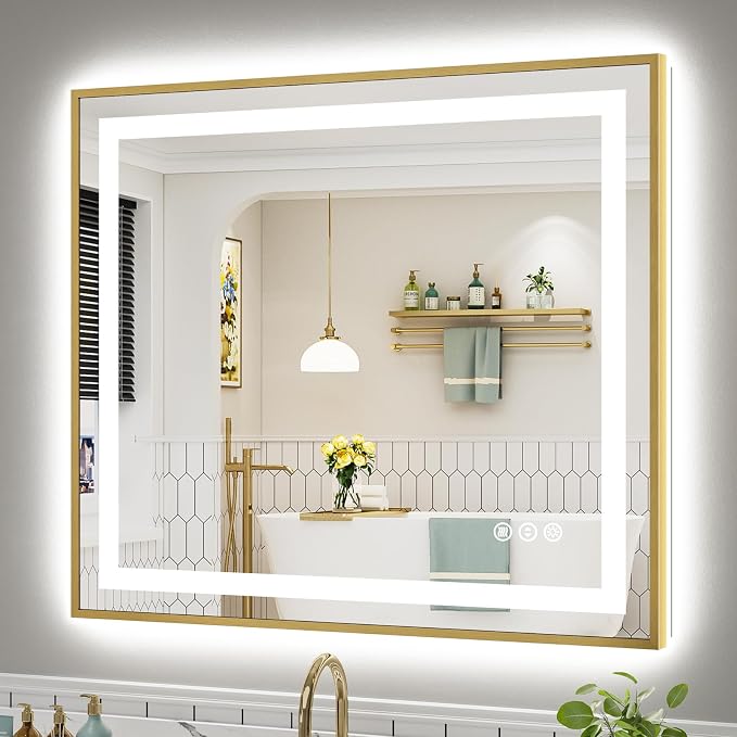 40x36 Inch LED Bathroom Mirror with Gold Frame, Backlit & Front Lit | Anti-fog, 3 Color Dimmable, Memory Function, HD Reflection Tempered Glass, ETL Listed, IP54 Waterproof