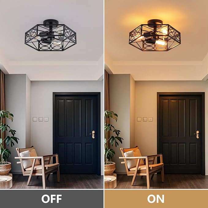 Modern Black Semi Flush Mount Ceiling Light Fixture, Industrial Close to Ceiling Light with Metal Hexagon Cage, Vintage Farmhouse 3-Light Ceiling Lamp for Kitchen, Hallway, Bathroom