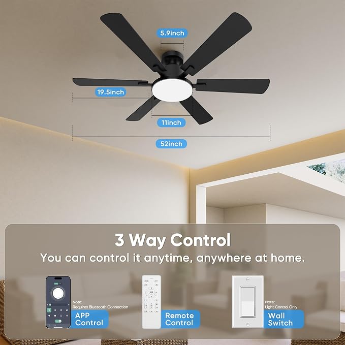 52'' Ceiling Fan with Light Remote/APP Control for Living Room | 6 Blades Dual-Finish, 6 Speeds, MAX 5600 CFM, 3CCT Dimmable LED, All Metal Body, Memory Function, Quiet Reversible DC Motor