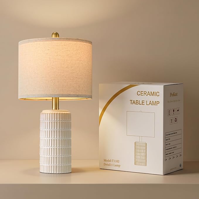 PoKat 21'' Modern Ceramic Table Lamp with Gift Box, White for Bedroom,Small | Bedside lamps for nightstands, gold pole design, farmhouse home decor for living room, ideal housewarming gift for women