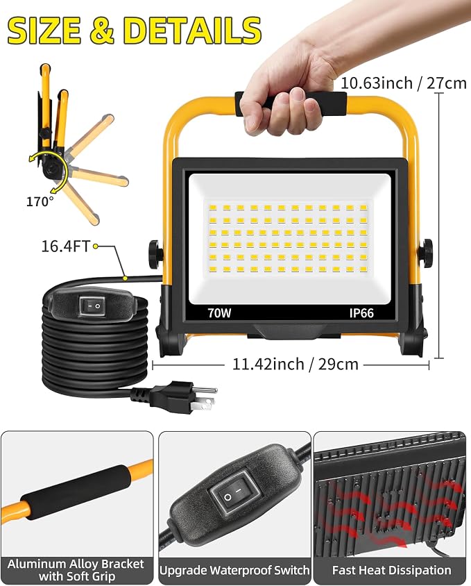 8400LM LED Work Light with 16FT Cord & Switch, IP66 for Garage Workshop | 70W Flood Light Outdoor, Portable Job Site Lighting with Stand, 5000K Daylight Worklight for Construction Car Repairing