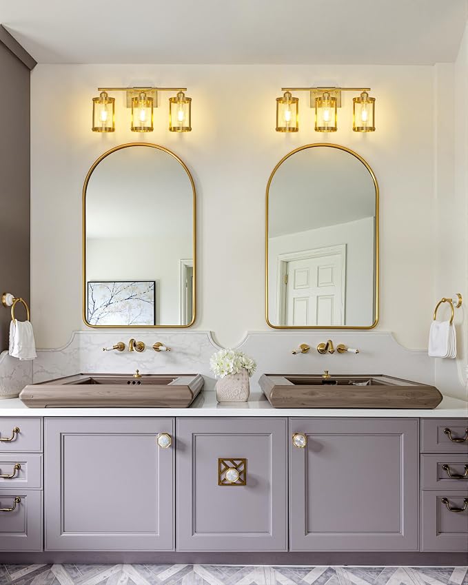 3-Light Brushed Gold Bathroom Light Fixtures, 21 Inch Modern Bathroom Vanity Lighting Fixtures Over Mirror with Clear Glass and Metal Cage Wall Sconce Lights for Bath, E26, OS-3014BG-3W