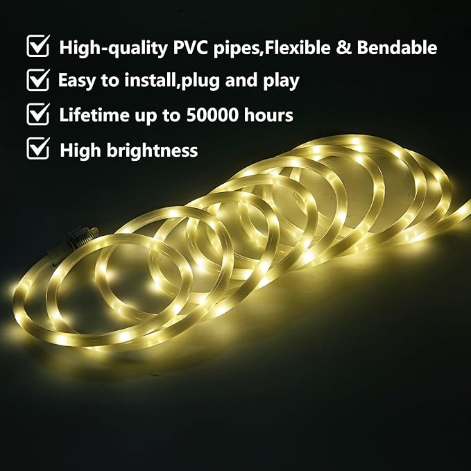 20ft LED Rope Lights Outdoor, 120 Warm White LEDs, Connectable, 110V, Waterproof, LED Rope Lighting for Indoor Outdoor Ceilings, lawns, Pools, House Outlines, bedrooms.