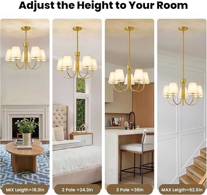RUIYEY Modern Dining Room Chandelier - 20" 5-Light Gold Chandeliers Light Fixture with Fabric Shades, Height Adjustable Mid-Century Pendant Lighting Over Table for Bedroom Living Room Kitchen Island