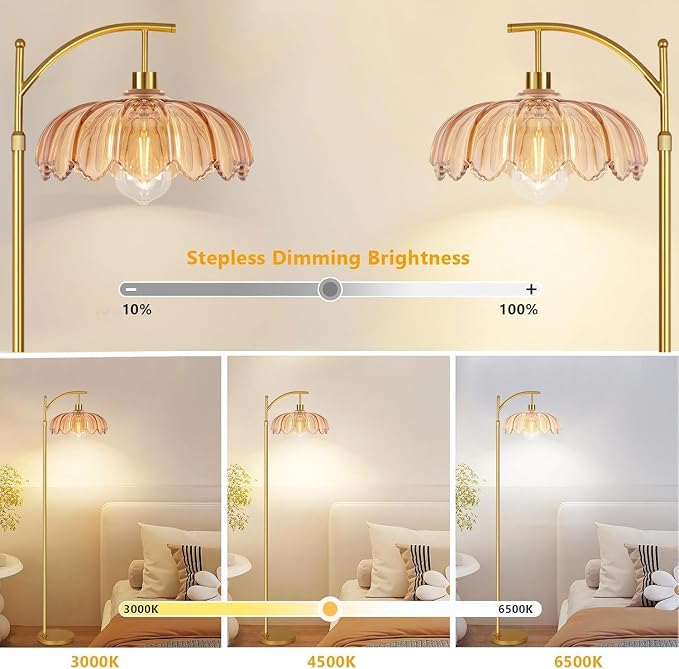 ILLMTW Gold Floor Lamp for Living Room,Bedroom,Mid Century Modern Standing Lamp with Remote,Dimmable Brass Tall Lamp Amber Glass Vintage Retro Arc Floor Lamps Flower Floor Light Boho Bohemian