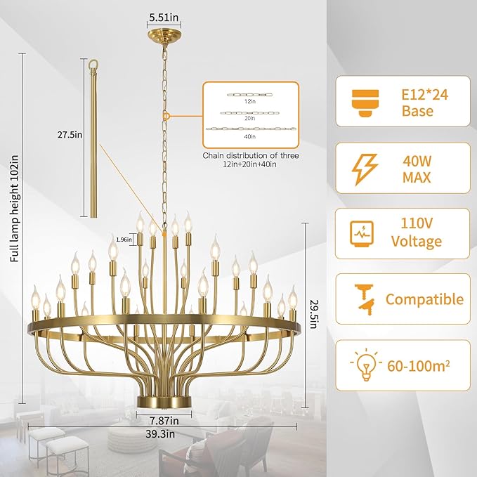 Gold Chandelier 24 Light Large Chandelier for High Ceilings, Farmhouse Wagon Wheel 39in 3-Tier for Dining Room, Hallway, Living Room, Foyer