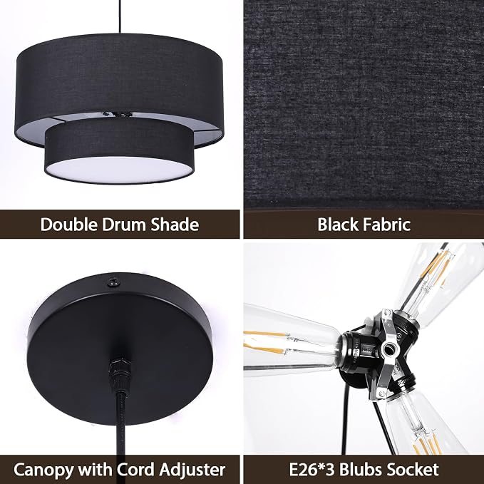 Black Drum Pendant Light Fixtures, 18” Double Drum Chandelier with Fabric Lampshade E26 Base, 3 Light Dining Room Light Fixture, 2-Tier Chandelier for Bedroom and Kitchen(Bulb not Included)