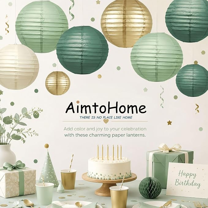 Boho Paper Lanterns Set of 12, 6/8/10 Inch Sage Green, Gold & Cream Hanging Decor for Wedding, Bridal Shower & Party