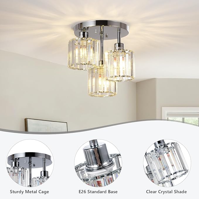 PAUFUL Semi Flush Mount Ceiling Light,3-Light Modern Close to Ceiling Light Fixtures,Kitchen Light with Clear Crystal Shades, Hallway Light Fixtures for Kitchen Entryway Bedroom Bathroom Foyer