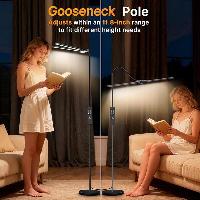 Syrinx LED Floor Lamp, 18W 2000LM Bright Floor Lamp for Office, Living Room | Focused & Wide-Area Dual Light, Flexible Neck, Eye Care, Dimmable Brightness & Color Temp, Auto Timer, Remote/Gesture Control