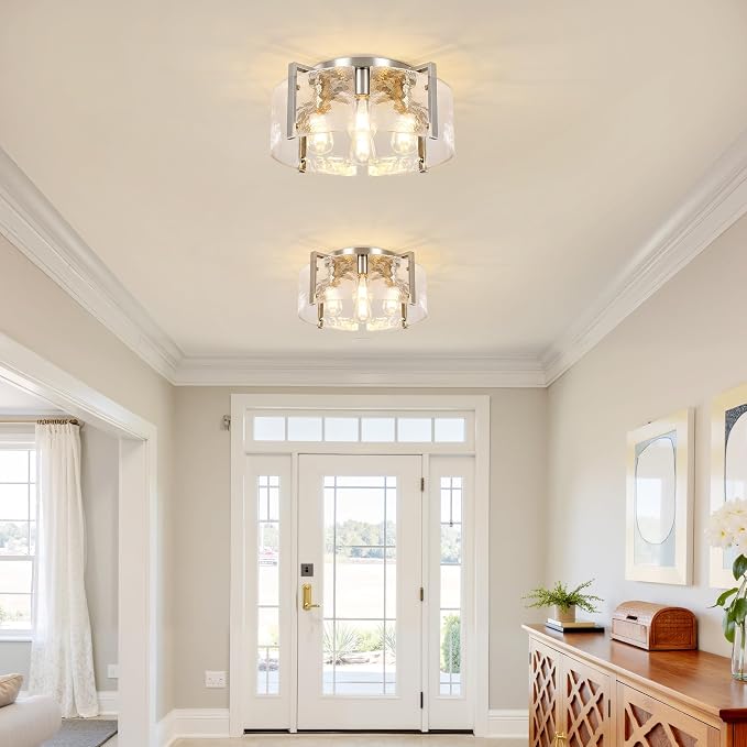 Modern Brushed Nickel Semi Flush Mount Ceiling Light, 4-Light Glass Drum Flush Mount Light Farmhouse Lights Kitchen Lighting Fixtures for Foyer Entryway Hallway Bathroom Bedroom Laundry Room