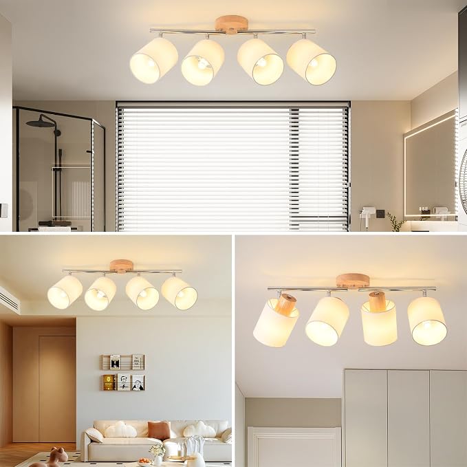 4-Light Track Lighting Kit Wooden Ceiling Spotlight Fabric Shades Rotatable | Rotatable Heads, E26 Socket, Modern LED Track Light Fixture Design, Ceiling & Wall Mount, Kitchen & Living Room Use, No Bulb