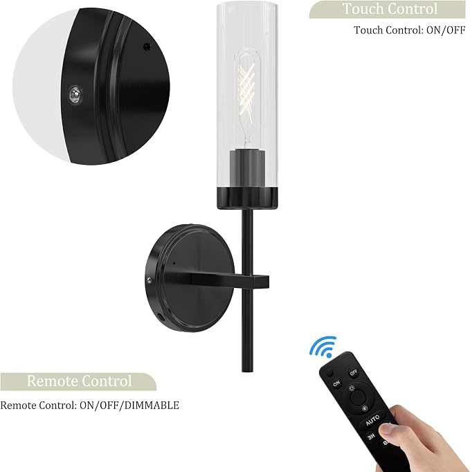 Black Battery Operated Wall Sconce, Wireless Wall Sconces with Remote Control, Rechargeable 3000K Dimmable Wall Light for Bedroom Living Room Bathroom Hallway Entryway Stairwell