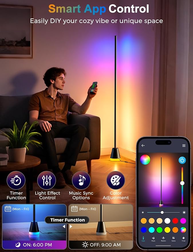 RGBICW Corner Floor Lamp, Modern LED Ambient Lighting, Jet Black | 16 Million Colors, Music Sync Lighting, 1800LM Brightness, with Smart APP/Remote Control, for Living Room Bedroom Gaming Room