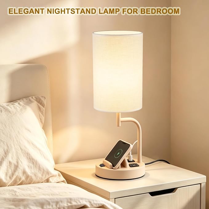 Dreamholder 2 Pack Table Lamp, Bedside Lamp with 3 USB Charging Ports & AC Outlet, USB Desk Lamp with 2 Phone Holders, Linen Fabric Shade Nightstand Lamps for Bedroom Living Room Office, Beige