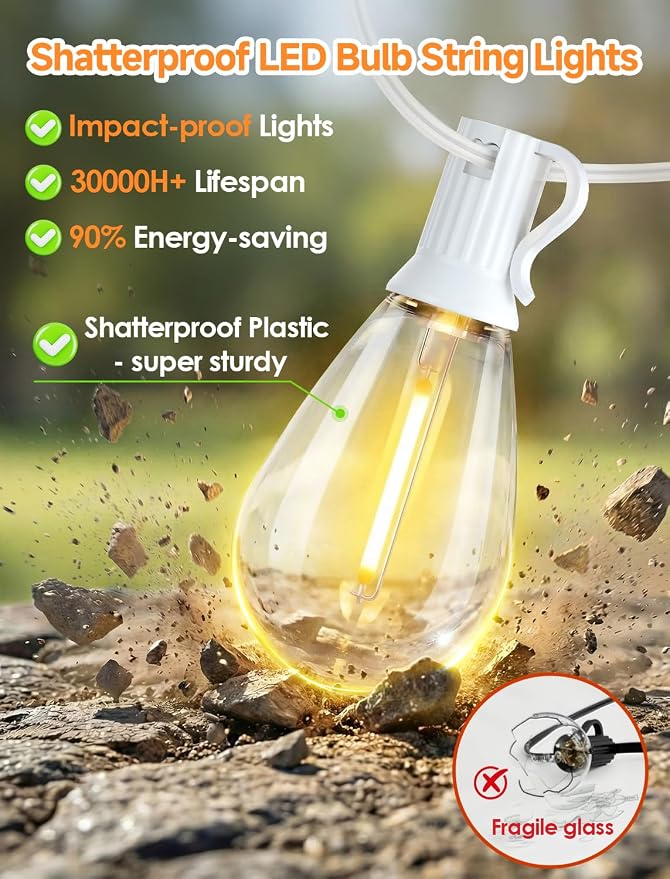 25FT LED Outdoor Patio String Lights, 10+1 Edison S11 Bulbs, White | Plug in, Dimmer not included, Dimmable, Waterproof, Shatterproof, Connectable Hanging Lights for Patio Wedding Outside Decor