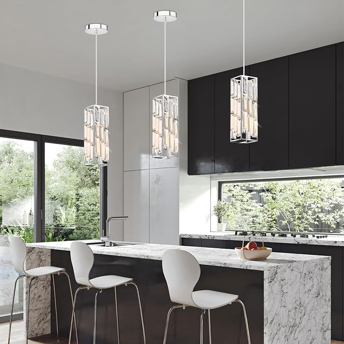 Modern 1-Light Crystal Pendant Light Kitchen Island, Chrome, 2-Pack | Mini Crystal Chandeliers, Height Adjustable Cord, Ceiling Hanging Lighting for Kitchen Island Dining Room Bedroom