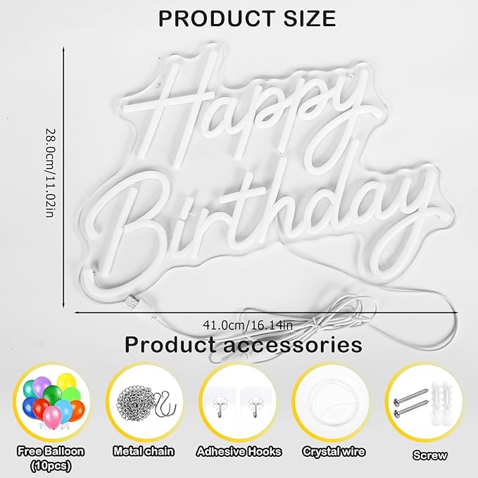 Happy Birthday Neon Sign for Wall Decor, LED Happy Birthday Light Up Sign with 10 Pcs Ballons, Dimmable Happy Birthday Lights Signs for All Birthday Party Decorations Backdrop, Warm White